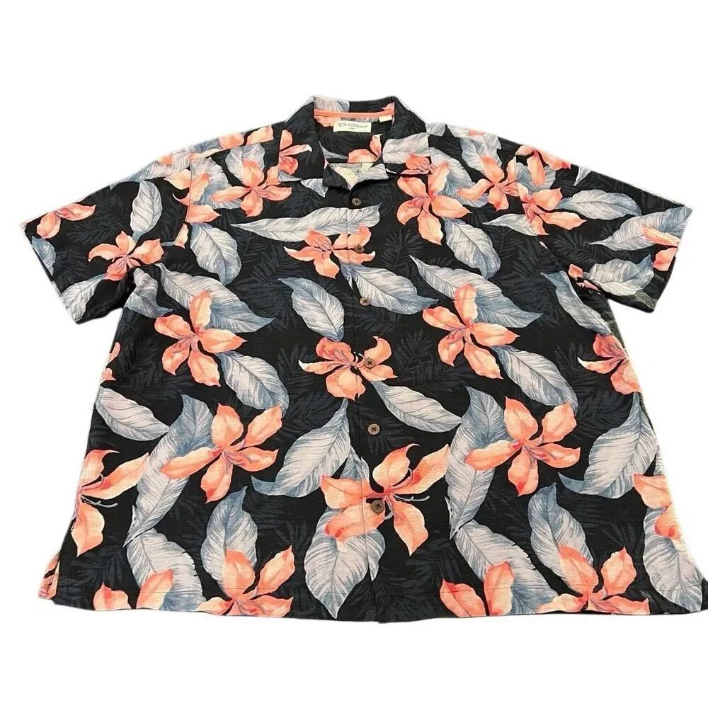 Caribbean Men's Floral Silk Short Sleeve Button-up Hawaiian Shirt Black Multi XL